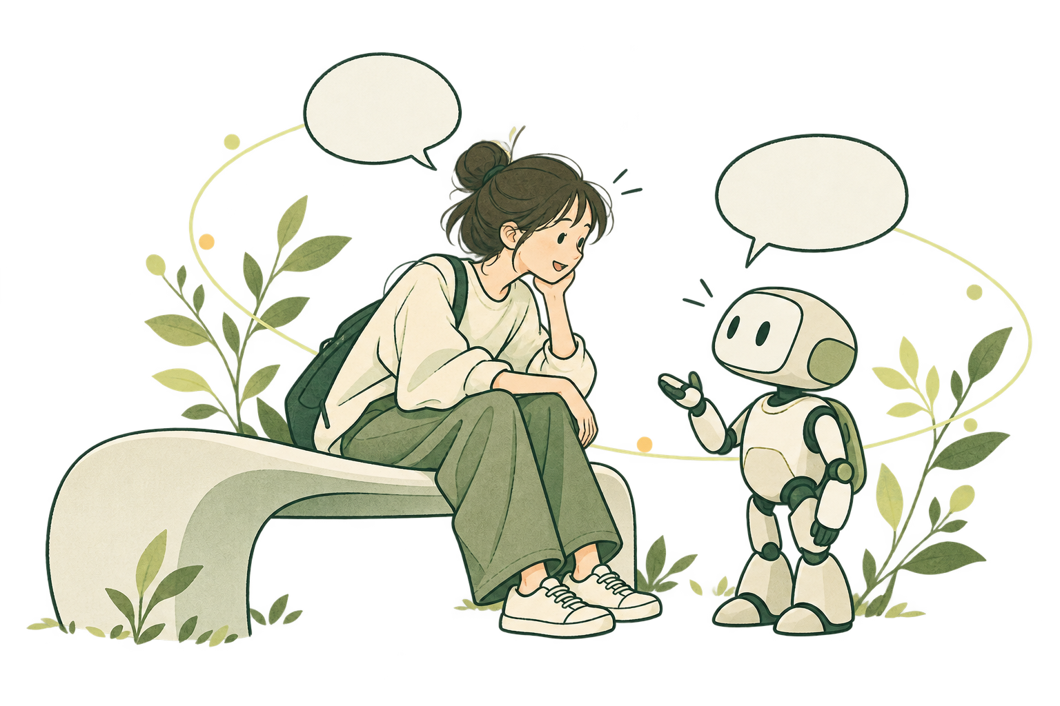 人とロボットが向き合い、対話するイラスト